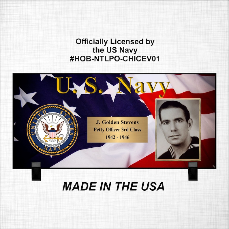May include: A memorial plaque with a US Navy seal, an American flag, and a photo of a man in a Navy uniform. The plaque reads "U.S. Navy" and "J. Golden Stevens Petty Officer 3rd Class 1942-1946". The plaque is made in the USA.