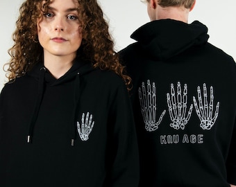 Black hoodie with skeleton hand prints | Organic cotton vegan | Unisex gender-neutral sustainable punk style fashion