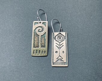 Reversible Brass Etched Earrings with Sterling Handmade Earwires