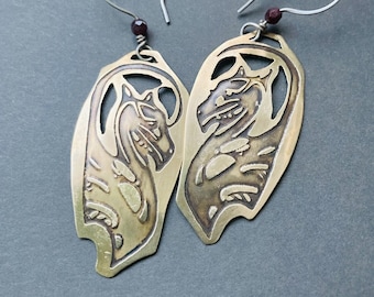 Dragon Elemental Etched Brass Earrings, Elemental PowerTalismans, with Garnet and Silver