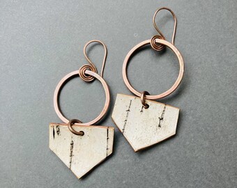 Birch Bark Earrings; Modern Rustic, Forest Art, NeoViking, Handformed Natural Copper