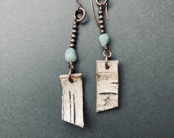 Boho Birch Bark Earrings, Copper Beads for Nature Lovers