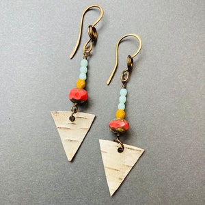 Bright Glass Bead and Birch Bark Swinging Earrings image 1