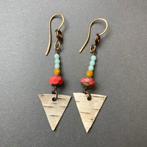 Bright Glass Bead and Birch Bark Swinging Earrings image 3