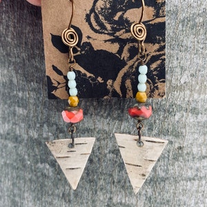 Bright Glass Bead and Birch Bark Swinging Earrings image 2