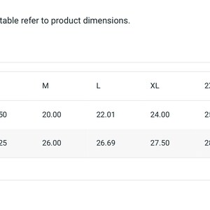 May include: A table showing size chart measurements in inches for a garment. The table includes sizes S, M, L, XL, 2XL, and 3XL. The measurements are for width and length.