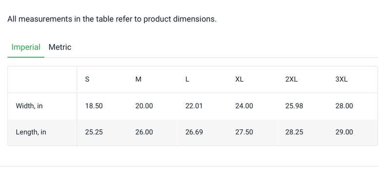 May include: A table showing size chart measurements in inches for a garment. The table includes sizes S, M, L, XL, 2XL, and 3XL. The measurements are for width and length.