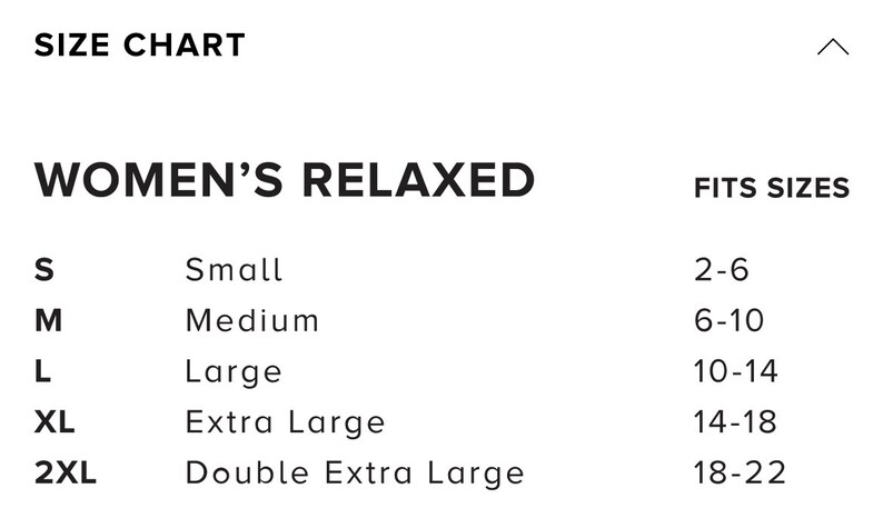 May include: Size chart for women's relaxed fit clothing. The chart shows sizes S, M, L, XL, and 2XL, with corresponding US women's sizes 2-6, 6-10, 10-14, 14-18, and 18-22.