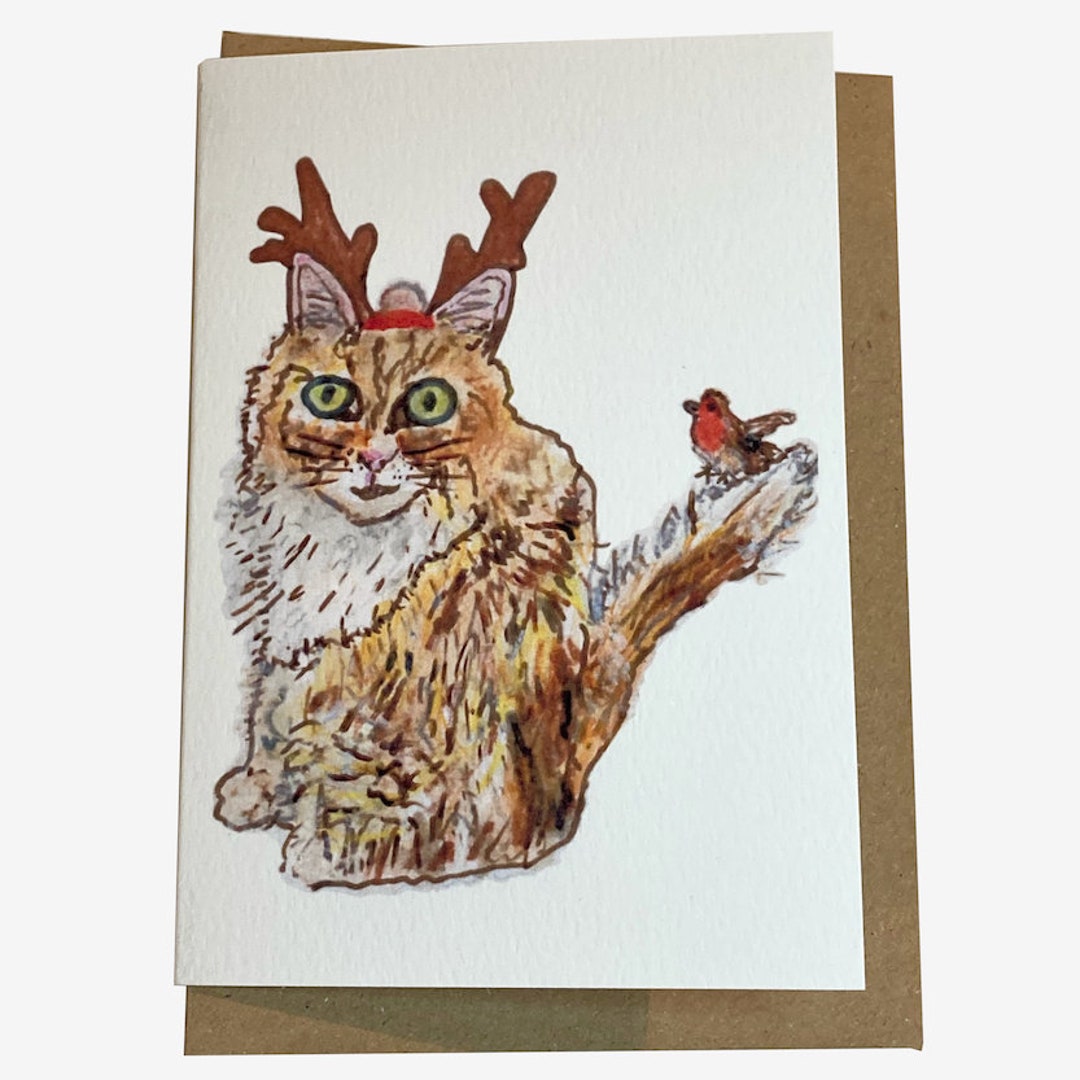 Ginger Cat Christmas Card / Cat With Reindeer Ears and Robin Etsy