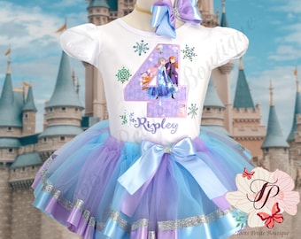 Frozen Birthday Princess Elsa Anna Tutu Outfit Personalized Embroidery Shirt Lavender and blue ribbon edge detail photo prop puff sleeve