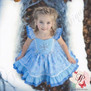 Princess Elsa Frozen Birthday Dress, Blue Snowflake Print Fabric, Embroidered Bodice, Photos Gift Girl, Costume Cosplay Toddler outfit