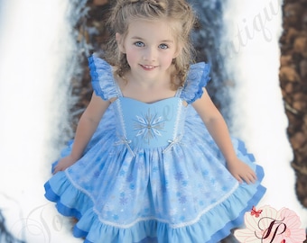 Princess Elsa Frozen Birthday Dress, Blue Snowflake Print Fabric, Embroidered Bodice, Photos Gift Girl, Costume Cosplay Toddler outfit