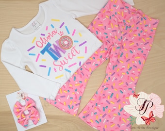 Two Sweet Birthday Bell Bottom Pants  Outfit Donut, Pink  Sprinkles, Personalized Embroidery, Glitter vinyl, Hair Bow Flare bottom