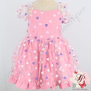 Pink Valentine Dress with Glitter Hearts on Tulle Pink ,Hearts Print Fabric, Hair Bow Dance Photos Gift girl toddler Baby