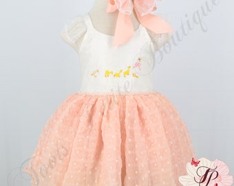 Easter Dress with Ducklings Embroidery Cotton Bloomers Peach Fabric Hair Bow Party Photos Gift girl toddler baby Birthday Event