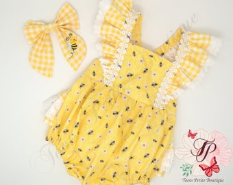 Honey Bee Birthday Romper Ruffle bottoms,Yellow Bee Print, Baby Toddler Pigtails Personalized Embroidered Sailor bow,First Birthday