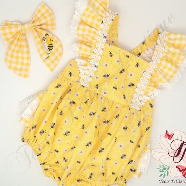 Honey Bee Birthday Romper Ruffle bottoms,Yellow Bee Print, Baby Toddler Pigtails Personalized Embroidered Sailor bow,First Birthday