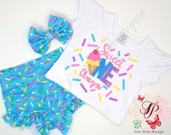 Sweet One Birthday Ruffle Bummies Outfit Ice Cream Cone, Baby Blue with Sprinkles, Personalized Embroidery, Glitter vinyl, Hair Bow