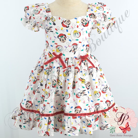 disney dress shop christmas dress Disney Christmas Dress Mickey Mouse Minnie Pluto Donald Duck Goofy Cotton Print Fabric, Matching Hair Bow Plaid Trim Photos Gift Girl