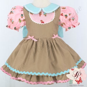 Christmas Gingerbread Dress Vintage Length and Bloomers Pink Print Fabric, Satin Ribbon Trim, Hair Bow Party Photos Gift girl toddler