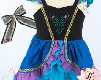 Princess Anna Frozen Birthday Skirted Romper, Embroidered  Gold lace   Ruffle Skirt, Hair Bow, Baby Toddler Girl, First Birthday custom