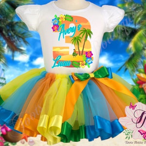 Beach Party Luau Birthday Tutu Outfit Personalized Colorful Print Shirt satin ribbon edge detail tropical colors