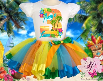 Beach Party Luau Birthday Tutu Outfit Personalized Colorful Print Shirt  satin ribbon edge detail tropical colors
