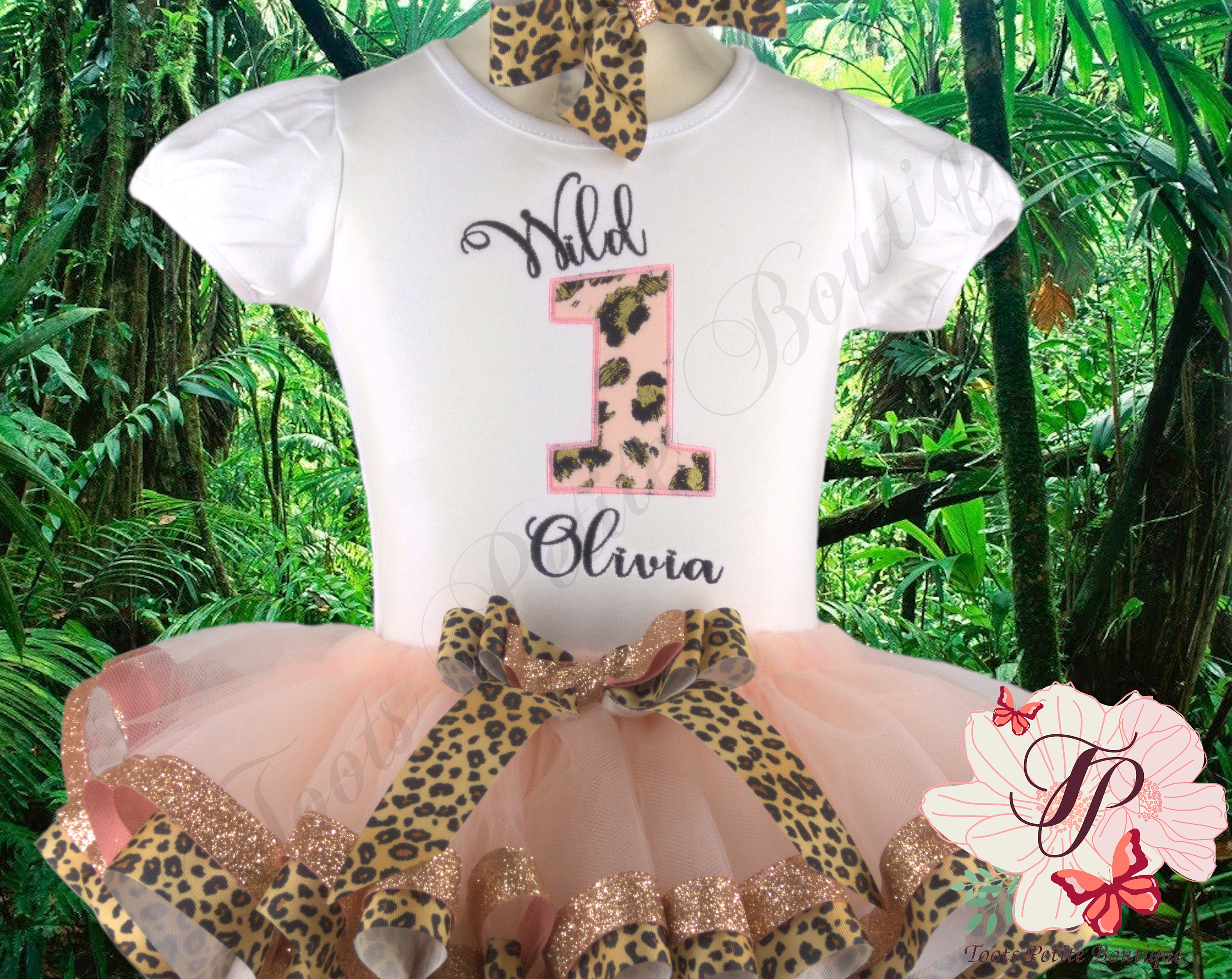 Cheetah Wild One Embroidered Birthday Tutu Cake Smash Outfit Personalized Shirt, Cheetah, Blush With Copper Ribbon Edge Detail Puff Sleeve
