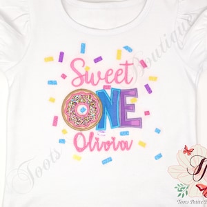 Sweet One Birthday Ruffle Bummies Outfit Donut, Pink with Sprinkles, Personalized Embroidery, Glitter vinyl, Hair Bow and Party Hats image 6