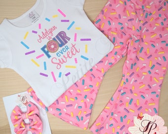 FourEver Sweet Birthday Bell Bottom Pants Outfit Donut, Pink Sprinkles, Personalized Embroidery, Glitter vinyl, Hair Bow Flare bottom