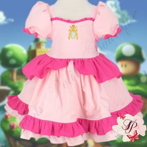 Princess Peach Birthday Dress, Pink with Fuchsia Trim, Embroidered Jewel broach,Photos Gift Girl,Costume Cosplay Toddler outfit Mario