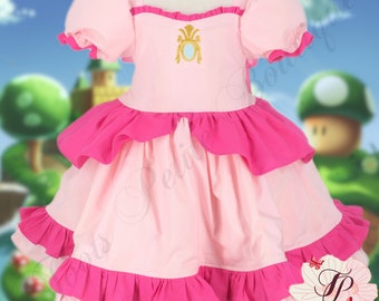 Princess Peach Birthday Dress, Pink with Fuchsia Trim, Embroidered Jewel broach,Photos Gift Girl,Costume Cosplay Toddler outfit Mario