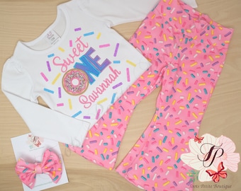 Sweet One Birthday Groovy Pants Outfit Donut, Pink with Sprinkles, Personalized Embroidery, Glitter vinyl, Hair Bow Bell Bottom