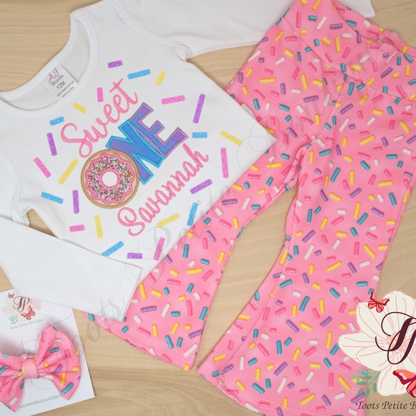 Sweet One Birthday Groovy Pants Outfit Donut, Pink with Sprinkles, Personalized Embroidery, Glitter vinyl, Hair Bow Bell Bottom