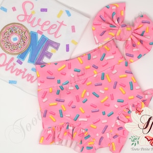 Sweet One Birthday Ruffle Bummies Outfit Donut, Pink with Sprinkles, Personalized Embroidery, Glitter vinyl, Hair Bow and Party Hats image 1