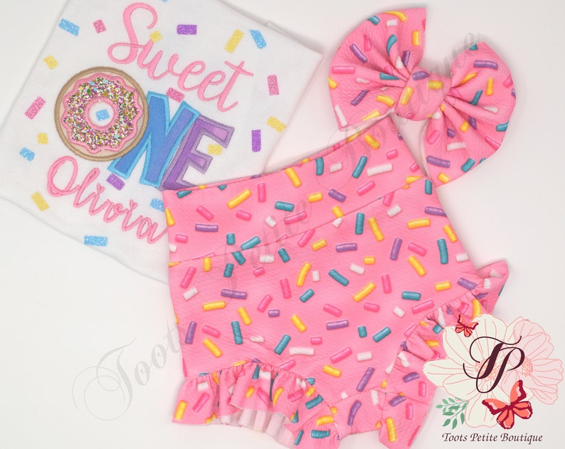 Sweet One Birthday Ruffle Bummies Outfit Donut, Pink with Sprinkles, Personalized Embroidery, Glitter vinyl, Hair Bow and Party Hats image 1