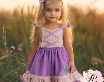 Princess Rapunzel Tangled Birthday Dress, Embroidered Pascal, Lace Bodice, Purple Print Fabric, Photos Gift Costume Cosplay Toddler outfit