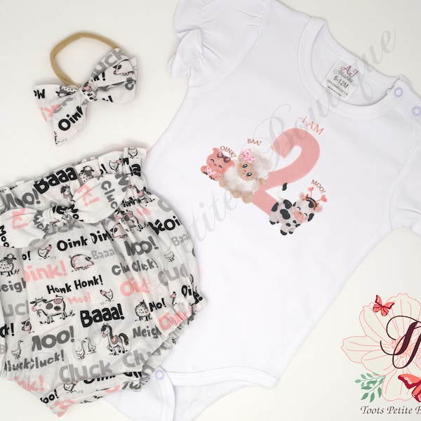 Farm Inspired Theme, Cow I am Two Birthday Bloomer Outfit Personalized Puff Sleeve, Hair Bow ,Smash cake outfit