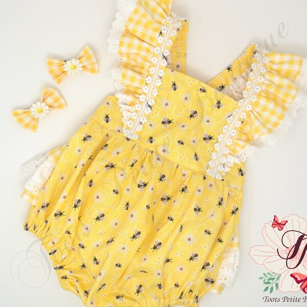 Honey Bee Birthday Romper Ruffle bottoms,Yellow Bee Print, Baby Toddler Pigtails Personalized Embroidered Sailor bow,First Birthday