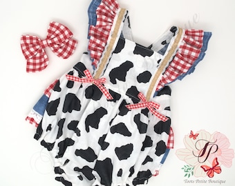 Girl Cow Print Romper Ruffle bottoms,Red Gingham, Denim, Baby Toddler Personalized Embroidered, bow,Farm,First Birthday
