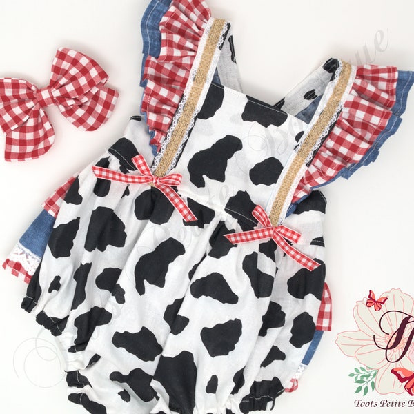 Girl Cow Print Romper Ruffle bottoms,Red Gingham, Denim, Baby Toddler Personalized Embroidered, bow,Farm,First Birthday