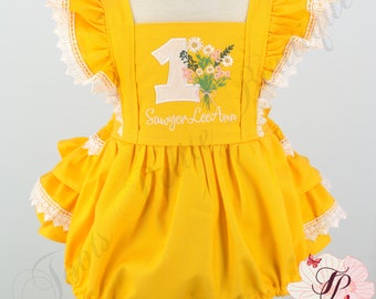 Wildflower Birthday Romper Ruffle bottoms, Fun lace trim, Baby Toddler Pigtails Personalized Embroidery, First Birthday Warm Earth tone