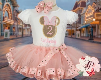 Minnie Mouse Gold Silhouette Tutu Outfit Personalized Embroidery Shirt Blush Color Skirt with Gold polkadot ribbon detail puff sleeve pink