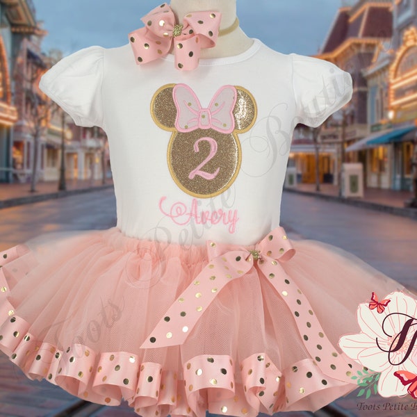 Minnie Mouse Gold Silhouette Tutu Outfit Personalized Embroidery Shirt Blush Color Skirt with Gold polkadot ribbon detail puff sleeve pink