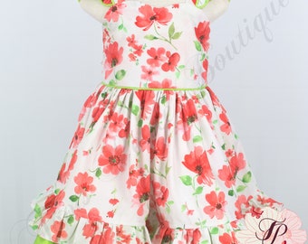 Sweet Spring/Summer Dress, Rosy Poppy Cotton Fabric, Green trim and piping, Photos Gift girl toddler Baby Mini Lengths.