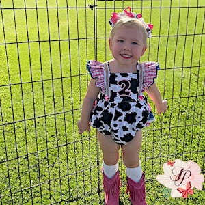Girl Cow Print Romper Ruffle bottoms,Pink Gingham, Denim, Baby Toddler Pigtails Personalized Embroidered Sailor bow,Farm,First Birthday