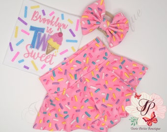 Two Sweet Birthday Bummies Skirt Outfit Ice Cream Cone Pink with Sprinkles, Personalized Embroidery, Glitter vinyl, Hair Bow