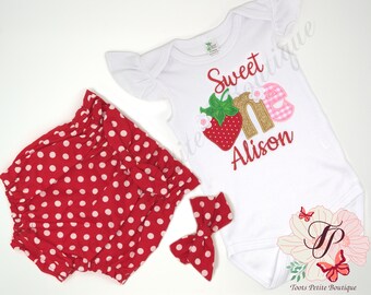 Sweet One Birthday High Waisted Bloomer Outfit Strawberry, Red / White Polkadots, Personalized Embroidery Flutter Sleeve Onesie, Hair Bow