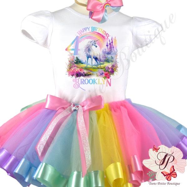 Unicorn Rainbow Birthday Tutu Outfit Personalized Print Shirt pastel rainbow ribbon edge detail photo prop puff sleeve cake smash