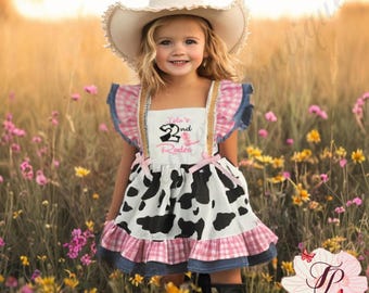 My 1st Rodeo Cowgirl Birthday Dress, Cow Print Fabric, Personalize Embroidery, 2nd Rodeo, Pink Gingham Costume Cosplay Toddler outfit First